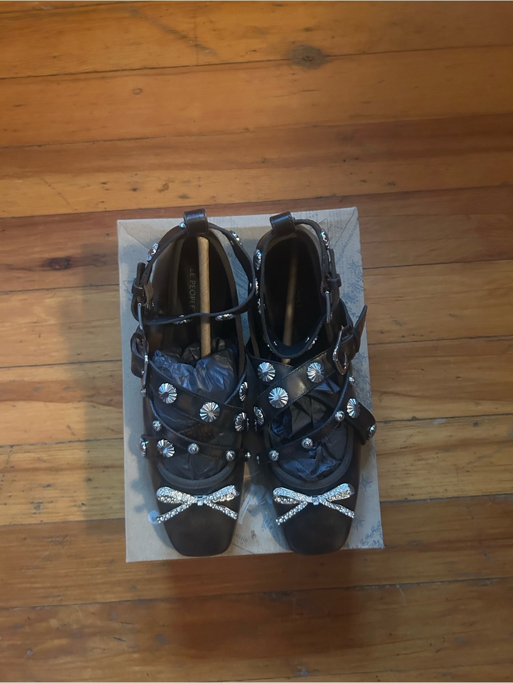 Free People Brown/black embellished shoes. New in box. At midnight ballerina.8